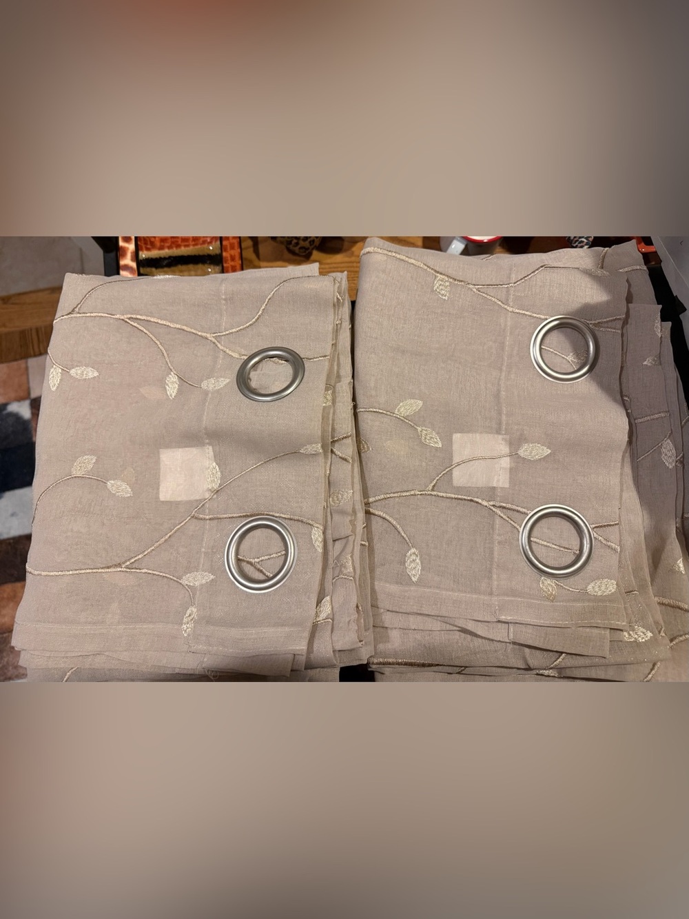 (2) 55x84” Beige Embroidered sheer curtain panels with Leaf Detail